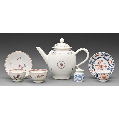 602 - A Chinese export porcelain honey rose teapot and cover, c1780, 18cm h, two contemporary tea bowls an... 