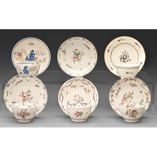 603 - Five New Hall and other Staffordshire tea bowls and saucers and another saucer, c1790-1800, various ... 