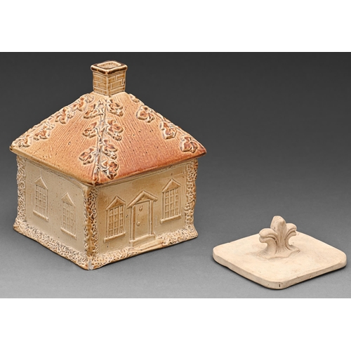 608 - An English saltglazed brown stoneware cottage tobacco box, cover and unglazed weight, Chesterfield, ... 