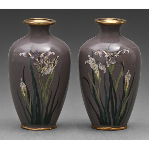 612 - A pair of Japanese miniature cloisonne enamel vases, Meiji / Taisho period, with lilies on a mushroo... 