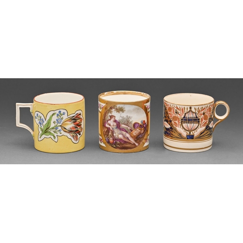 613 - A Meissen, Marcolini, yellow ground coffee can, late 18th c, painted with tulips, 65mm h, crossed sw... 