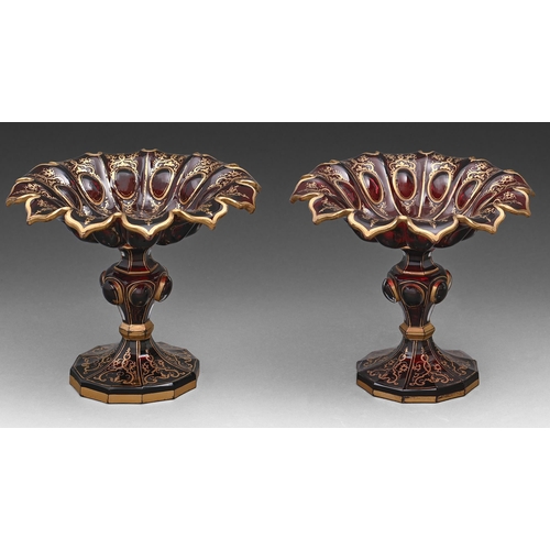 625 - A pair of ruby flashed and gilt glass tazze, second half 19th c, 15cm h