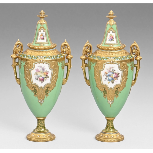 637 - A pair of Royal Crown Derby vases and covers, 1908, painted by Leroy, signed, with flowers and a mus... 