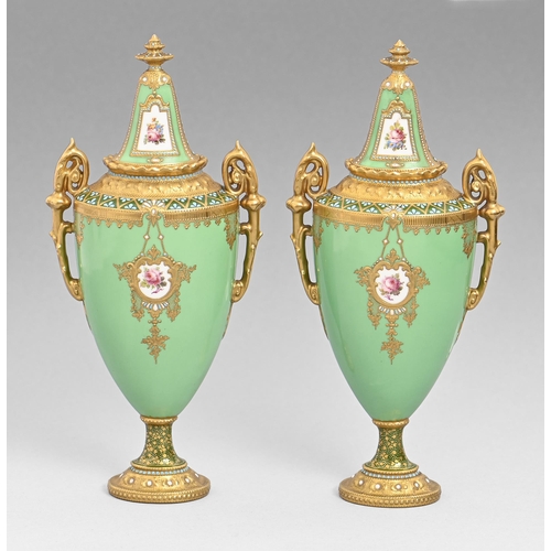 637 - A pair of Royal Crown Derby vases and covers, 1908, painted by Leroy, signed, with flowers and a mus... 