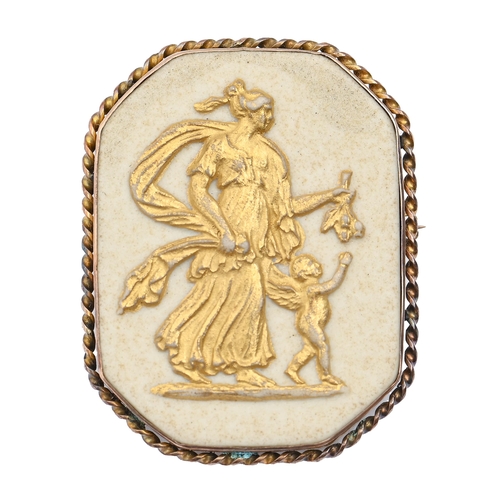 65 - A Wedgwood white and gilt jasper ware cameo mounted in gold brooch, late 19th cl, 39 x 30mm, impress... 