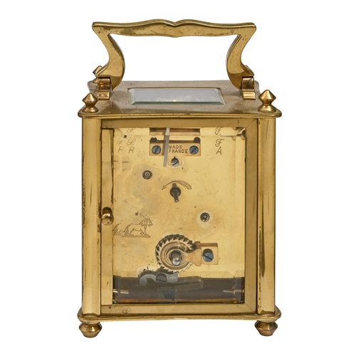 671 - A French brass carriage timepiece, early 20th c, the enamel dial signed for Hamilton & Co, Calcu... 
