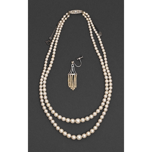 68 - A cultured pearl necklace, of two rows of cultured pearls up to 7mm diam, diamond clasp and a cultur... 