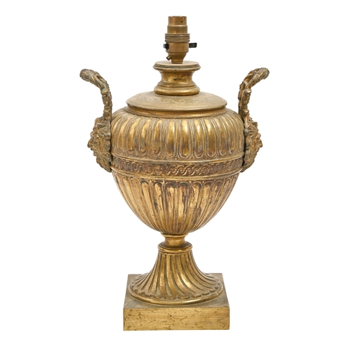 706 - A gilt lacquered brass neo classical style urn lamp with satyr mask handles, c1900, 32cm h excluding... 