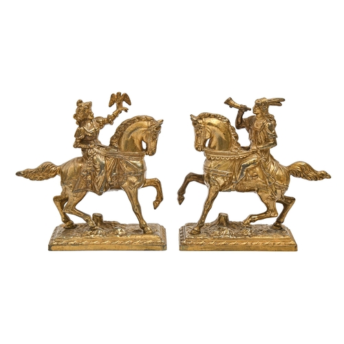 716 - A pair of French gilt lacquered spelter equestrian statuettes of a lady and squire, c1900, 19cm h... 