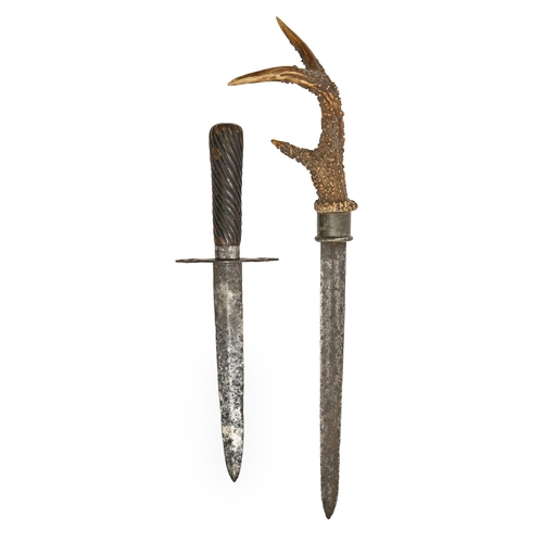 720 - A German hunting dagger, 18th c, with associated antler hilt, 45cm l and another with spirally reede... 