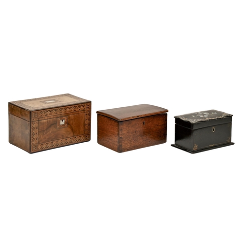 722 - A Victorian papier mache stationery box, walnut tea caddy (gutted) and an early 19th c fruitwood box... 