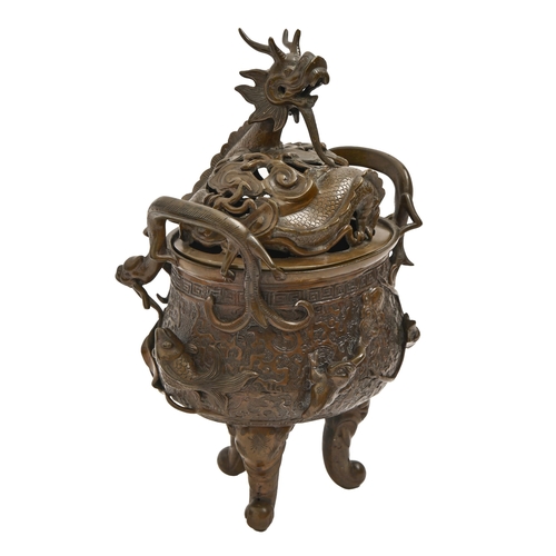 723 - A Japanese bronze koro and cover, Meiji period, surmounted by a dragon, rich mid brown patina, 30cm ... 