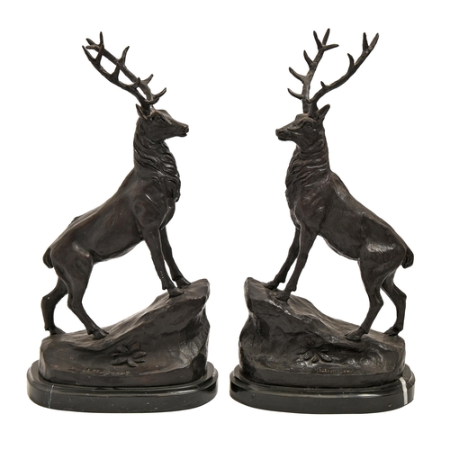 729 - A pair of bronzed metal sculptures of deer cast from models by Jules Moignez, on marble base, 43cm h... 