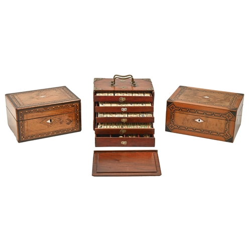 743 - Two Victorian walnut and coloured straw-banded boxes, both gutted, 25 and 27cm l and a Chinese Mahjo... 