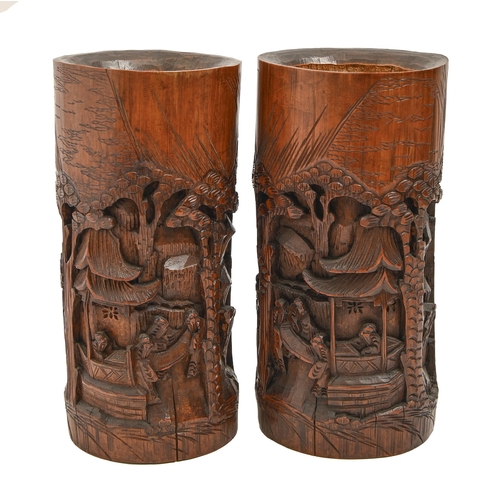 745 - A pair of Japanese carved bamboo vases, early 20th c, 24.5cm h