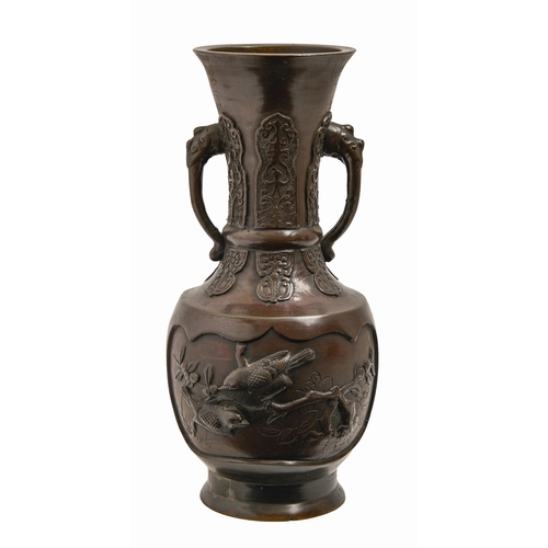 750 - A Japanese bronze vase, Meiji period, cast from two scenes of birds and peach boughs, 30.5cm... 