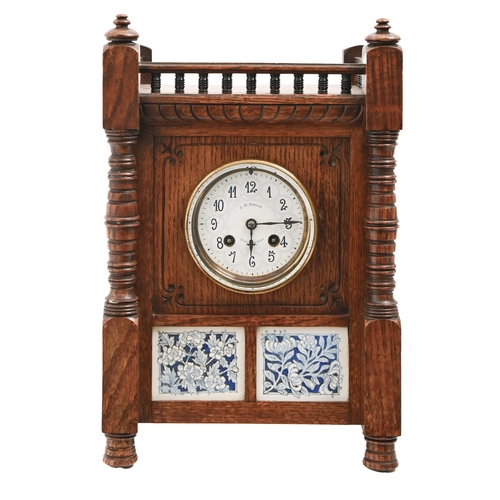 759 - An Aesthetic Movement oak and blue and white tile-inset mantel clock, J W Benson, 25 Old Bond Street... 