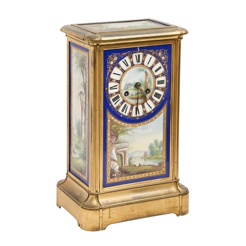 765 - A French gilt lacquered brass and porcelain inset four-glass clock, late 19th c, the blue ground dia... 