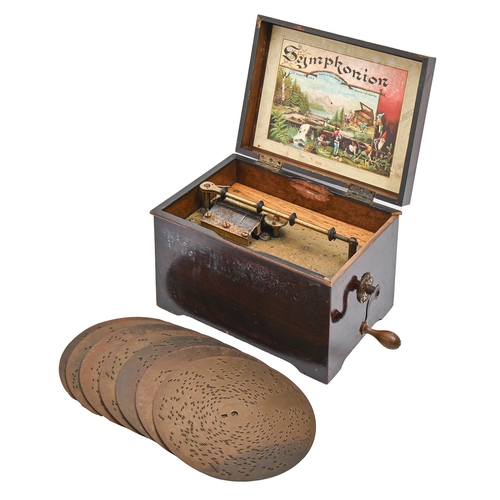 766 - A German disc musical box, Symphonion, No 314302, to play 19.5cm metal discs, in grained rosewood ca... 