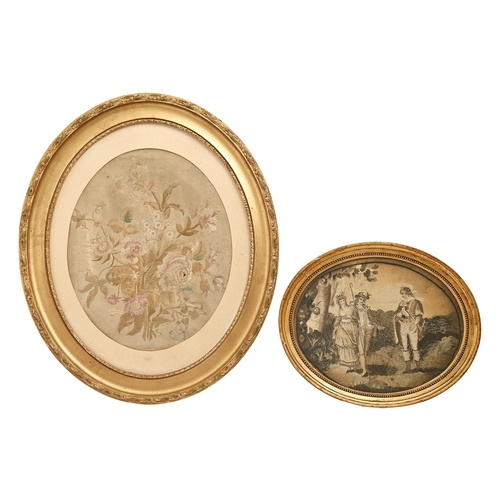 772 - A Regency silk picture of shepherds and a youth, en grisaille, oval, 32cm l, in contemporary giltwoo... 