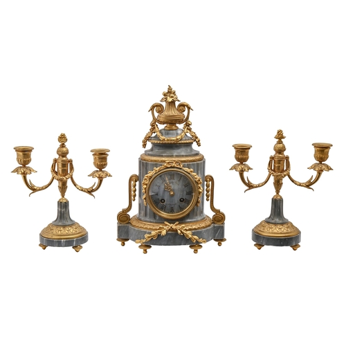 780 - A French ormolu mounted bleu turquin marble garniture de cheminee, late 19th c, in Louis VI style, c... 