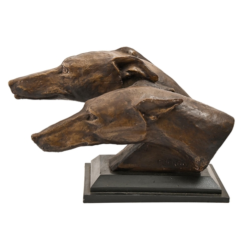 785 - A bronze resin sculpture of the heads of two greyhounds, black painted wood base, 28cm h... 