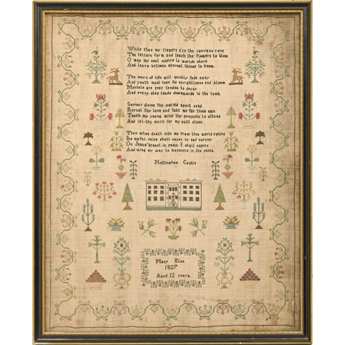 792 - An English linen sampler [by] Mary Else 1827 aged 12 years, finely worked with a named view of Notti... 