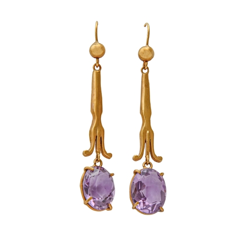 83 - A pair of amethyst pendant earrings, in 9ct gold, wire loops, 44mm, Birmingham 1989, 4g... 