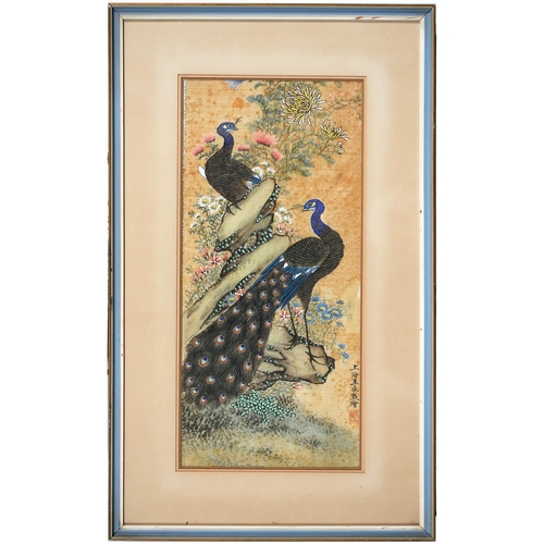 927 - Japanese School, early-mid 20th c - Peacocks, signed with seal, inscribed in calligraphic script, go... 