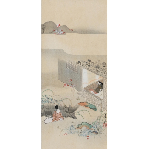 928 - Japanese School, early-mid 20th c - Two Figures in a Landscape Garden, signed with seal, inscribed i... 