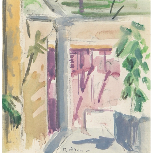 929 - Guy Roddon (1920-2006) - Courtyard Garden, Menton, signed, titled label to verso, watercolour, 15 x ... 