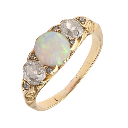 93 - An opal and diamond ring, c1900, with old cut diamonds, in gold, 4.9g, size P