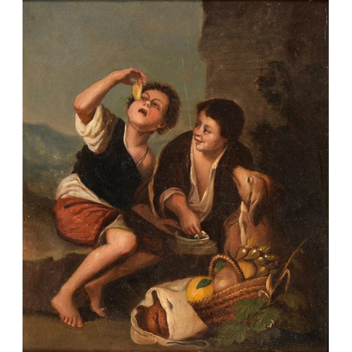 935 - After Murillo - Two Boys Eating Fruit, a dog by their side, oil on board, 25 x 22cm