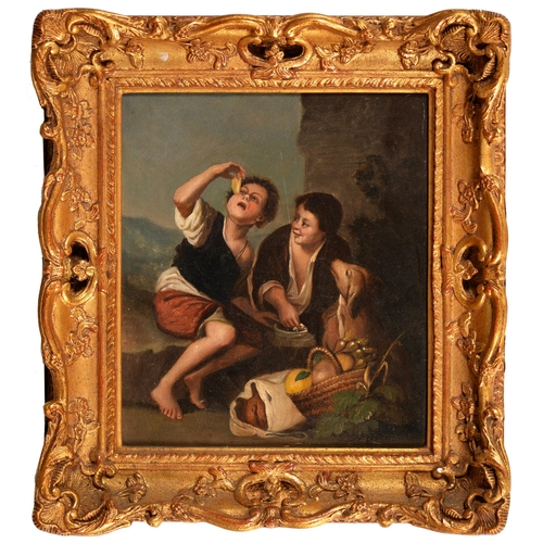 935 - After Murillo - Two Boys Eating Fruit, a dog by their side, oil on board, 25 x 22cm