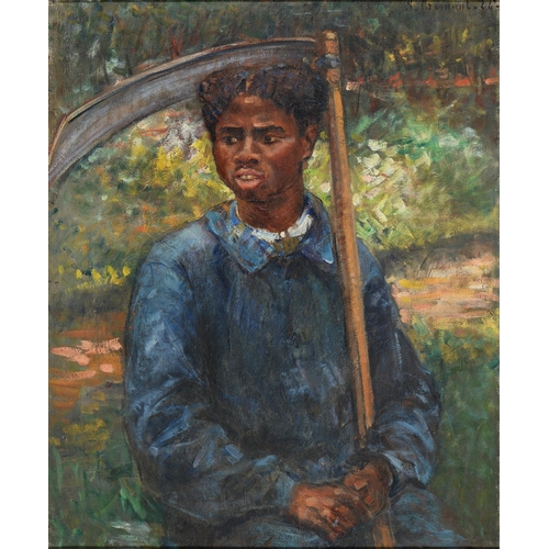 936 - Continental School, early 20th c - Portrait of an African Child, half-length, holding a scythe, indi... 