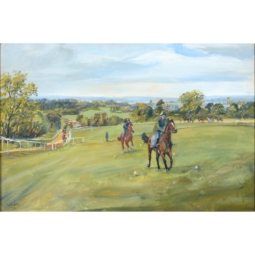 938 - Harry Buxton, late 20th c - Riding Out, Epsom Downs, signed and dated 99, titled to verso, oil on bo... 