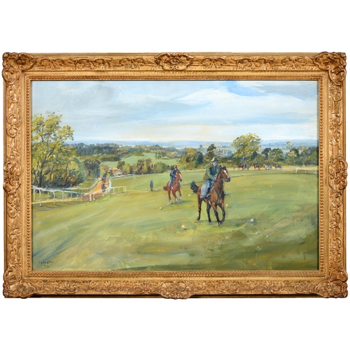 938 - Harry Buxton, late 20th c - Riding Out, Epsom Downs, signed and dated 99, titled to verso, oil on bo... 