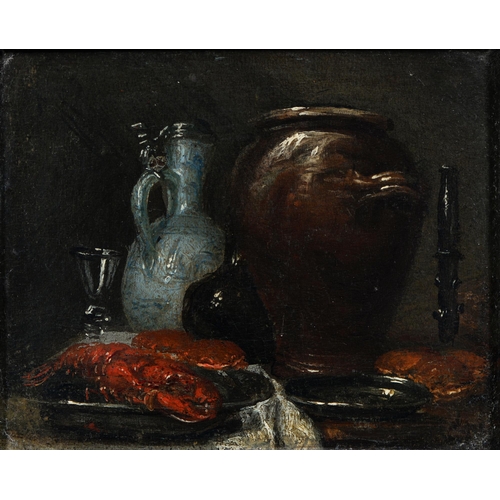 966 - Dutch School, first-half 19th c - Still Life with a Mounted Chinese Ewer, an Earthenware Vessel, a W... 