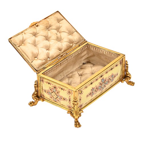 747 - A French gilt lacquered brass mounted yellow enamel jewel box, late 19th / early 20th c, with button... 