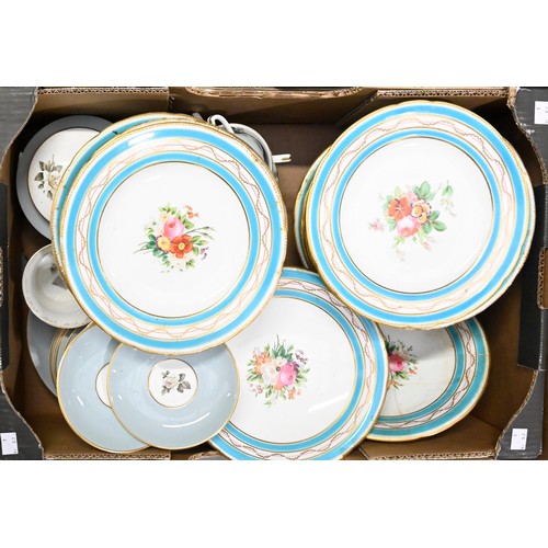 1283 - A Minton dessert service, late 19th c, painted with flowers, in turquoise and gilt ribbon border and... 