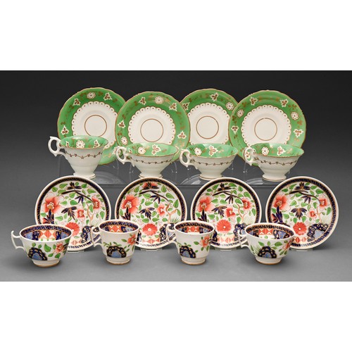 575 - A set of four Samuel Alcock teacups and saucers, c1830, with green and gilt border, saucer 16cm diam... 