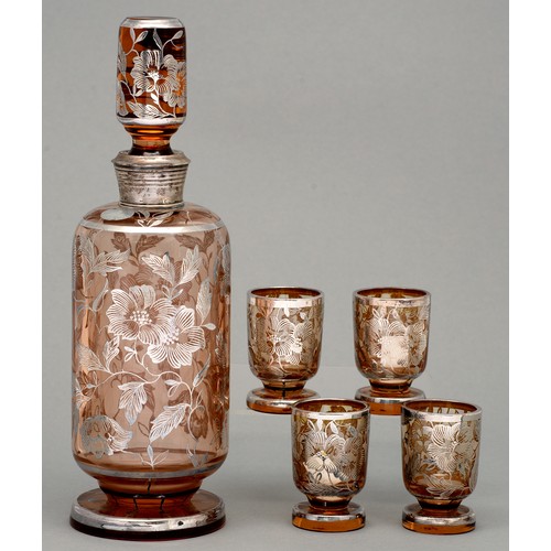 598B - A silver electro-deposit amber glass decanter and stopper and four glasses, second quarter 20th c, d... 