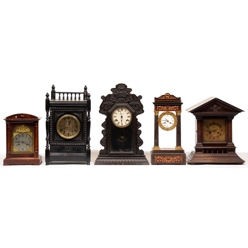 106 - An aesthetic movement ebonised clock with gong striking movement, 55cm h and four various French and... 