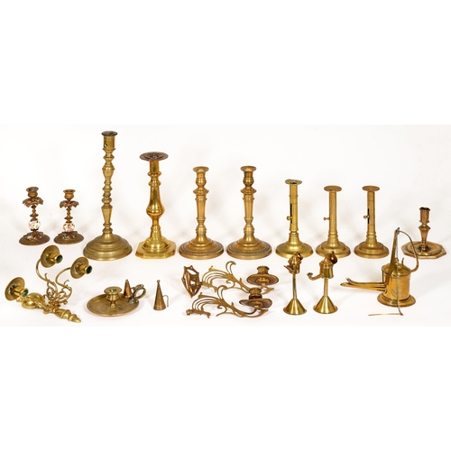 107 - Miscellaneous brass, including candlesticks, 19th c and later