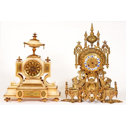 111 - A French brass mounted alabaster mantel clock, late 19th c, 39cm h and an ornate brass clock with en... 