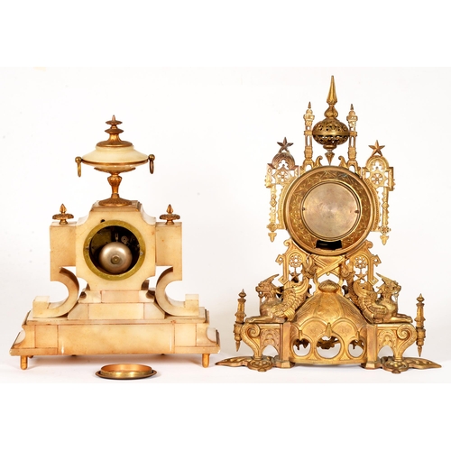 111 - A French brass mounted alabaster mantel clock, late 19th c, 39cm h and an ornate brass clock with en... 