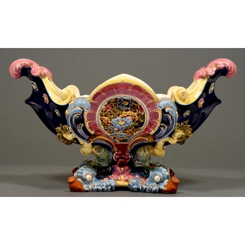 80 - A Zsolnay majolica centrepiece, late 19th c, with dolphin feet, 49cm w, 20cm h