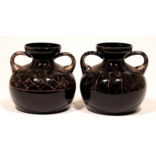 82 - A pair of Michel Herman French Art Deco black glass vases, with silvered decoration, 18.5cm h, signe... 