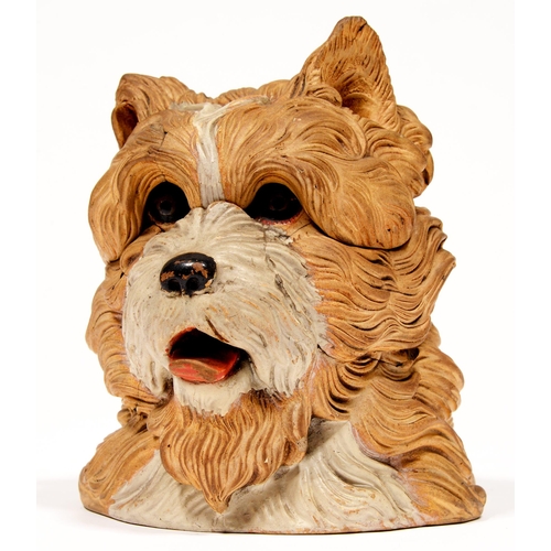 98 - A Johann Maresch cold painted terracotta dog's head tobacco jar and cover,  19th c, 17cm h... 