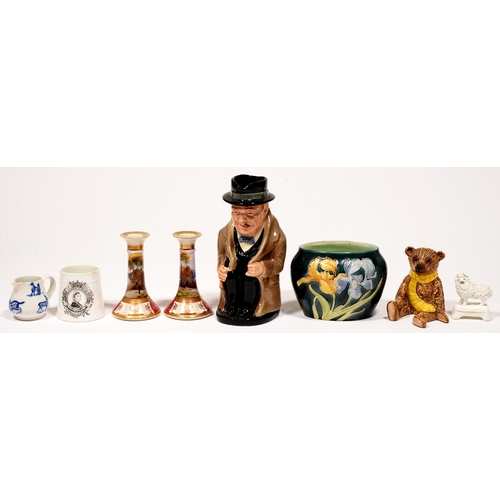 99 - A Royal Doulton Winston Churchill jug, a pair of Noritake candlesticks, a Beswick teddy, etc... 